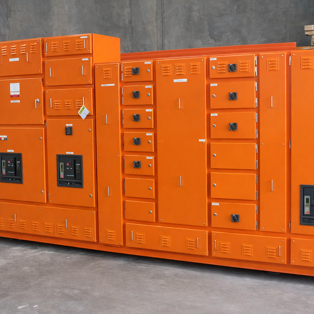 Orange switchgear cabinets in a warehouse manufactured by RMS Manufacturing