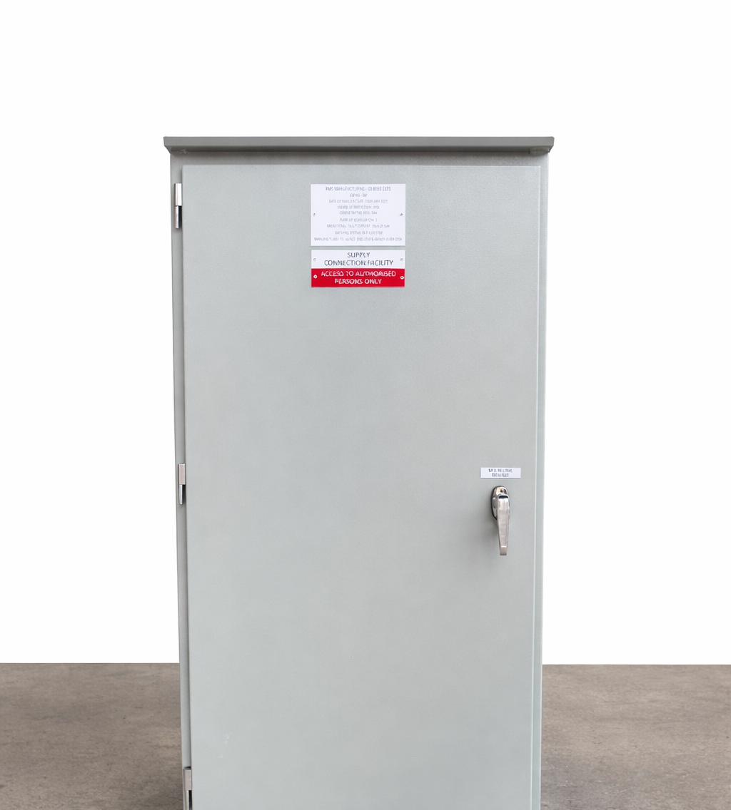 Electrical supply pillar with safety notice manufactured by RMS Manufacturing