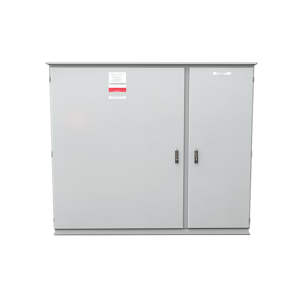 Grey industrial distribution cabinet with warning labels manufactured by RMS Manufacturing