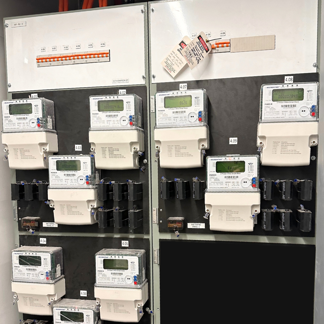 Bank of electrical meter panels manufactured by RMS Manufacturing